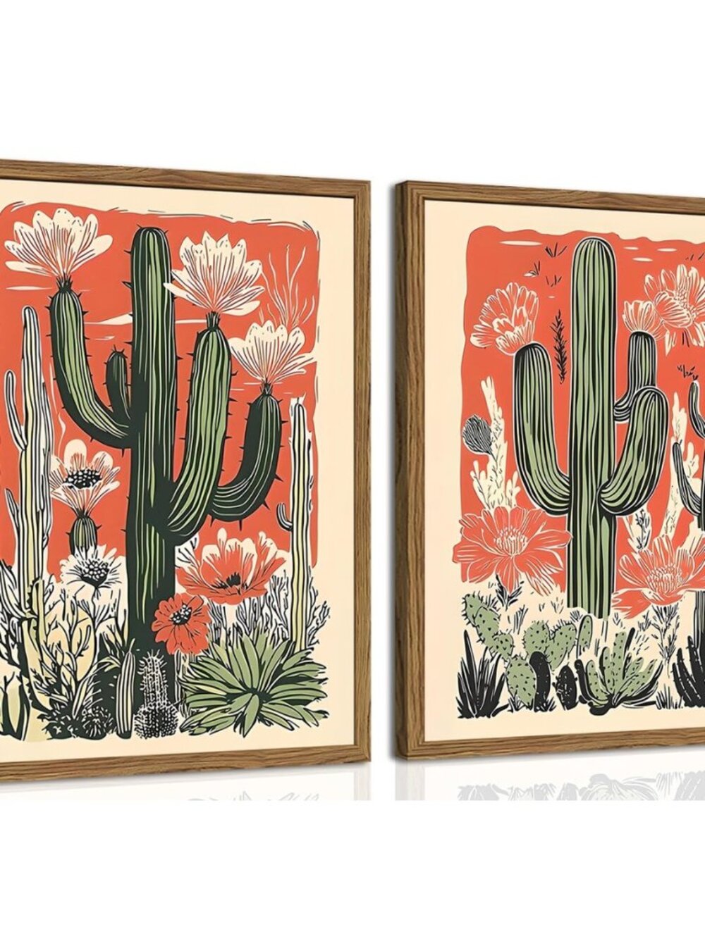 Framed Mexican Cactus Canvas Wall Art Set of 2, Vintage Desert Floral Pictures
